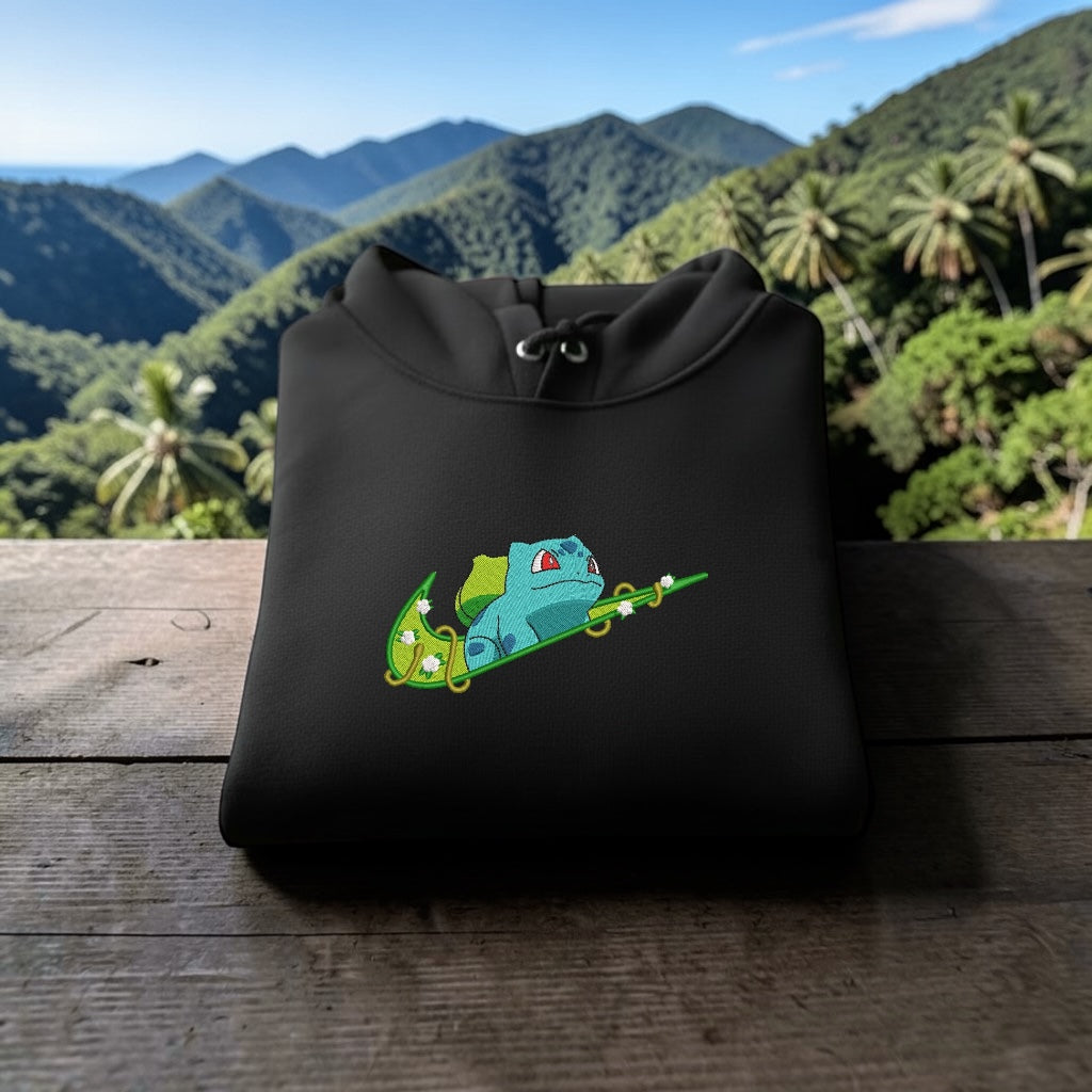 Bulbasaur Embroidered Hoodie – Swoosh Style Pokémon Streetwear Hoodie