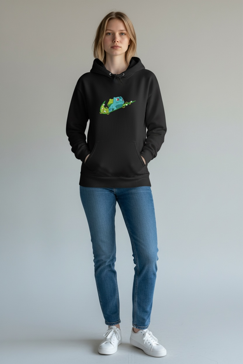 Bulbasaur Embroidered Hoodie – Swoosh Style Pokémon Streetwear Hoodie